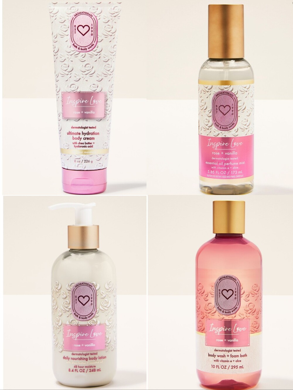 Bath & Body Works Inspire Love Rose + Vanilla 4 Piece Body Care Set New RARE